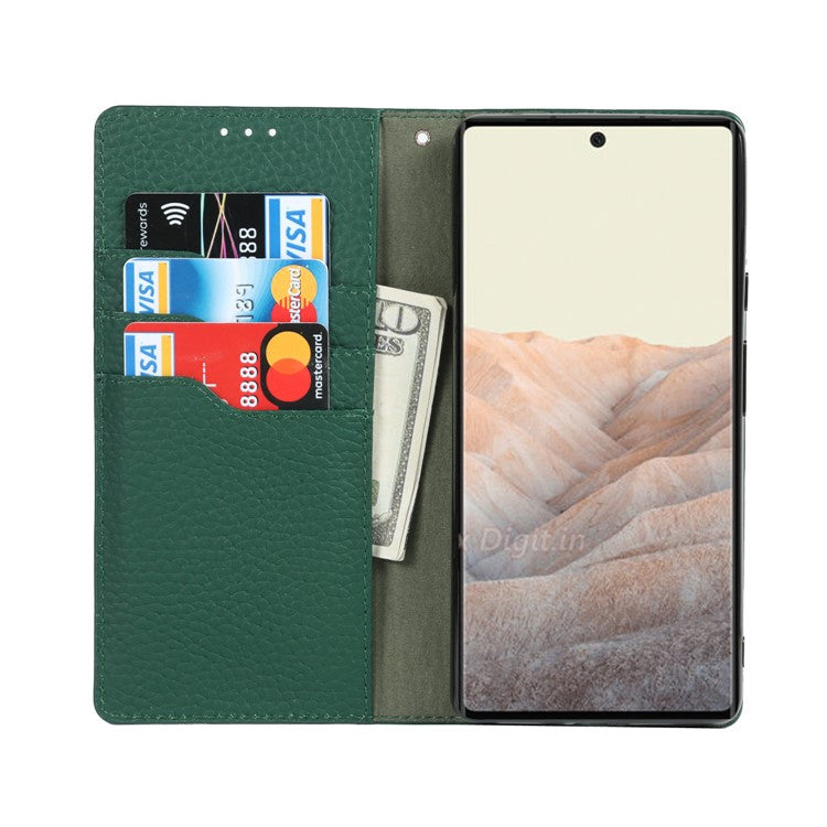Genuine Leather Litchi Texture Cover Wallet Stand Phone Case with Strap for Google Pixel 6 - Green