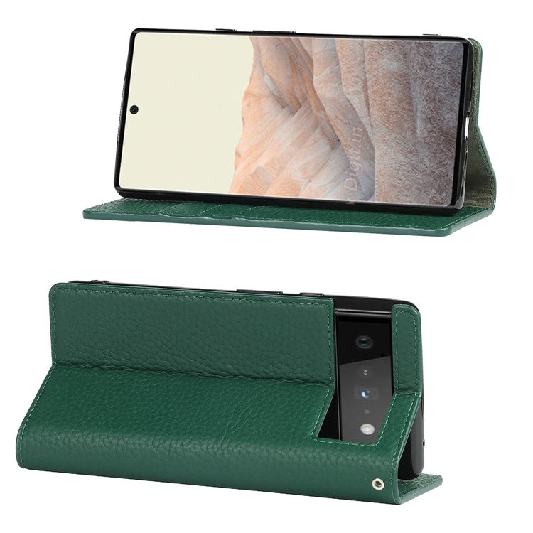 Genuine Leather Litchi Texture Cover Wallet Stand Phone Case with Strap for Google Pixel 6 - Green