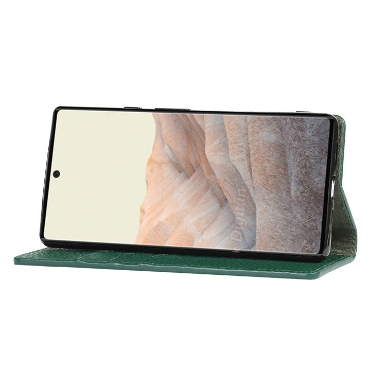 Genuine Leather Litchi Texture Cover Wallet Stand Phone Case with Strap for Google Pixel 6 - Green