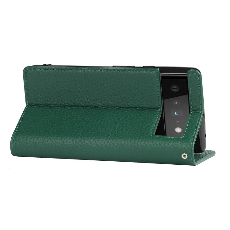Genuine Leather Litchi Texture Cover Wallet Stand Phone Case with Strap for Google Pixel 6 - Green