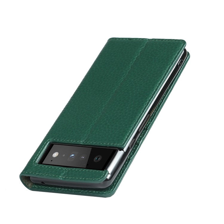 Genuine Leather Litchi Texture Cover Wallet Stand Phone Case with Strap for Google Pixel 6 - Green