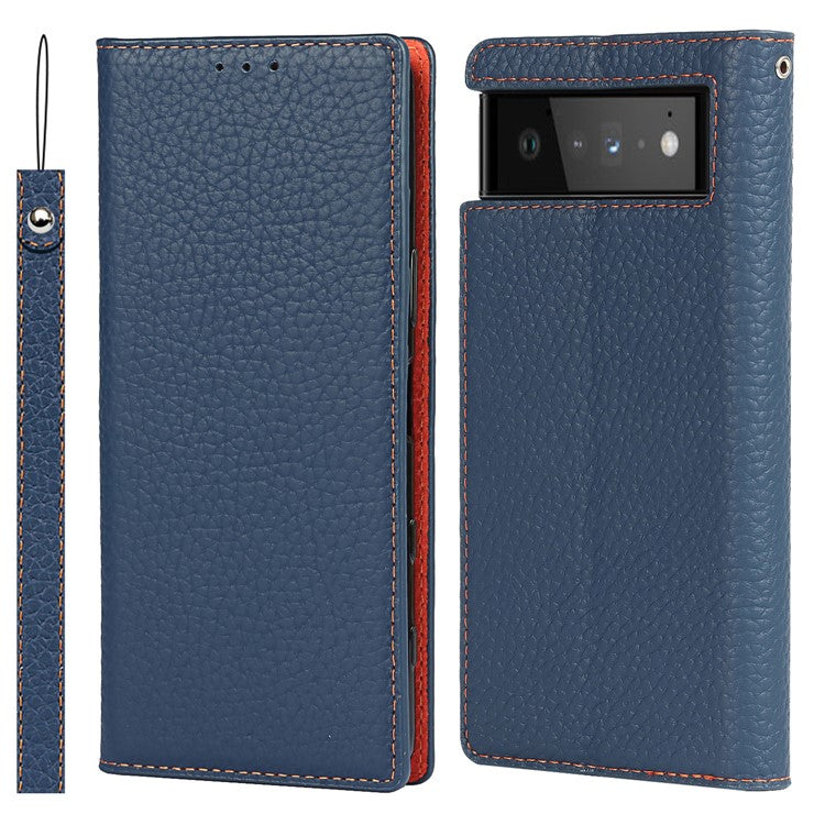 Genuine Leather Litchi Texture Cover Wallet Stand Phone Case with Strap for Google Pixel 6 - Dark Blue