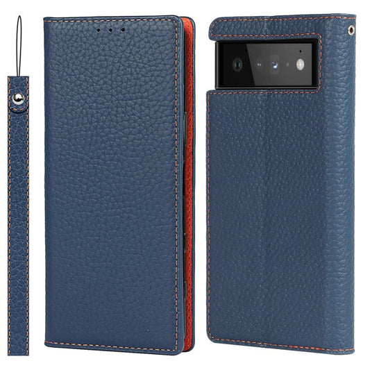 Genuine Leather Litchi Texture Cover Wallet Stand Phone Case with Strap for Google Pixel 6 - Dark Blue