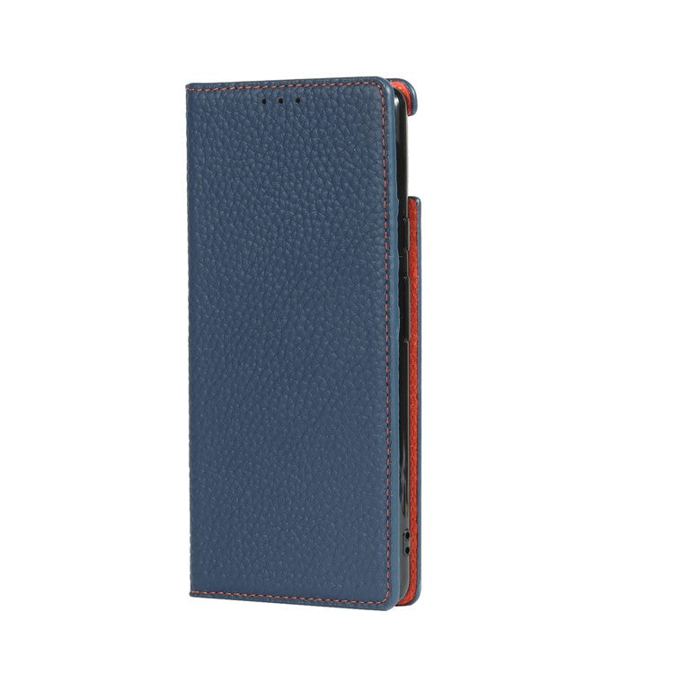 Genuine Leather Litchi Texture Cover Wallet Stand Phone Case with Strap for Google Pixel 6 - Dark Blue