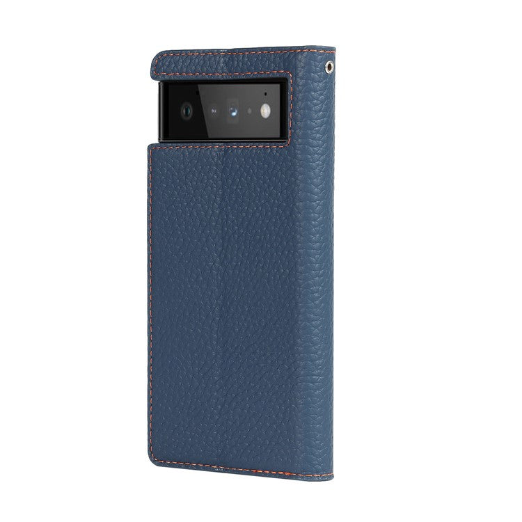 Genuine Leather Litchi Texture Cover Wallet Stand Phone Case with Strap for Google Pixel 6 - Dark Blue
