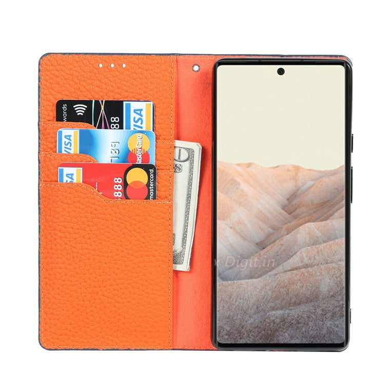 Genuine Leather Litchi Texture Cover Wallet Stand Phone Case with Strap for Google Pixel 6 - Dark Blue