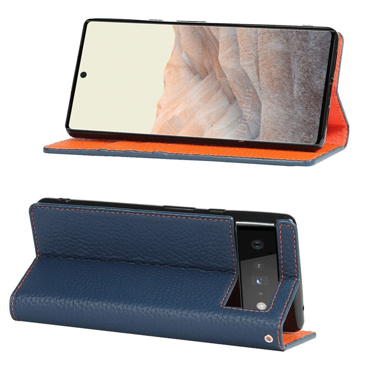Genuine Leather Litchi Texture Cover Wallet Stand Phone Case with Strap for Google Pixel 6 - Dark Blue