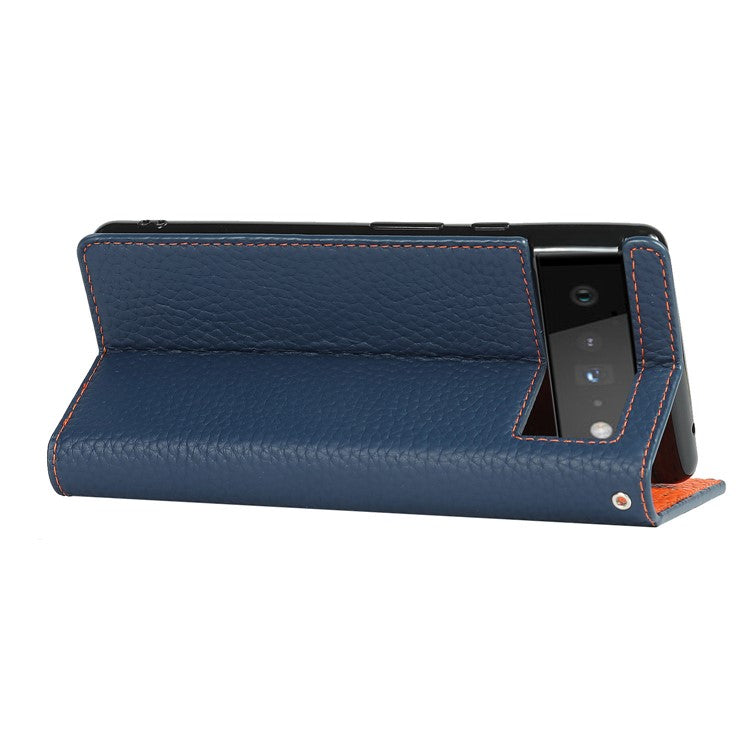 Genuine Leather Litchi Texture Cover Wallet Stand Phone Case with Strap for Google Pixel 6 - Dark Blue