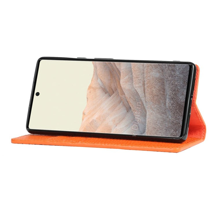Genuine Leather Litchi Texture Cover Wallet Stand Phone Case with Strap for Google Pixel 6 - Dark Blue