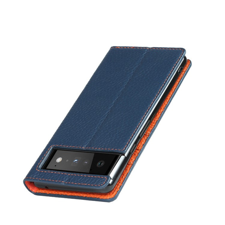 Genuine Leather Litchi Texture Cover Wallet Stand Phone Case with Strap for Google Pixel 6 - Dark Blue