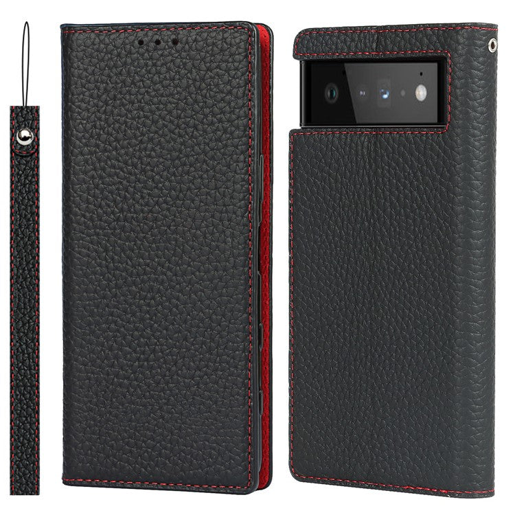 Genuine Leather Litchi Texture Cover Wallet Stand Phone Case with Strap for Google Pixel 6 - Black