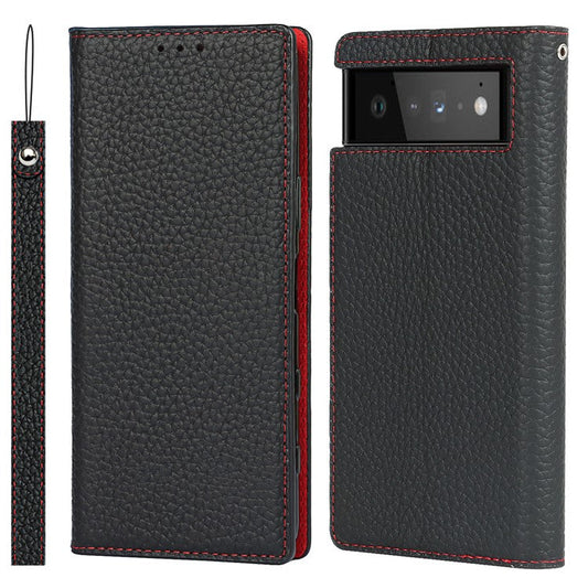 Genuine Leather Litchi Texture Cover Wallet Stand Phone Case with Strap for Google Pixel 6 - Black