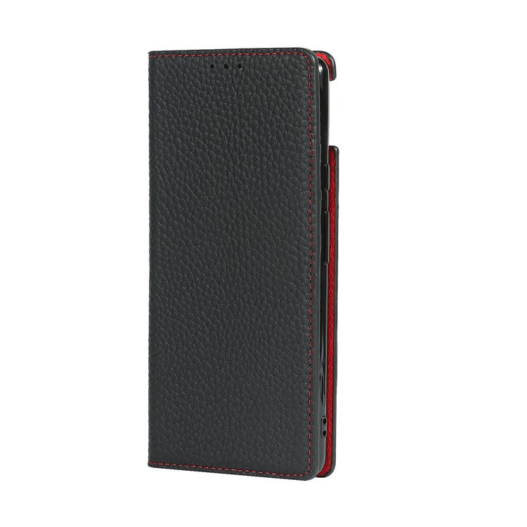 Genuine Leather Litchi Texture Cover Wallet Stand Phone Case with Strap for Google Pixel 6 - Black