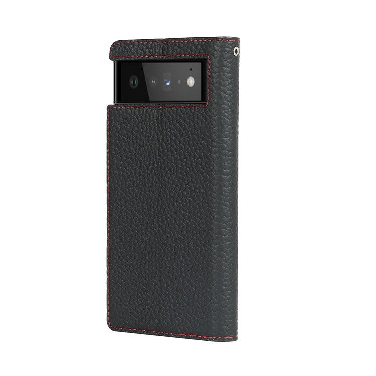 Genuine Leather Litchi Texture Cover Wallet Stand Phone Case with Strap for Google Pixel 6 - Black