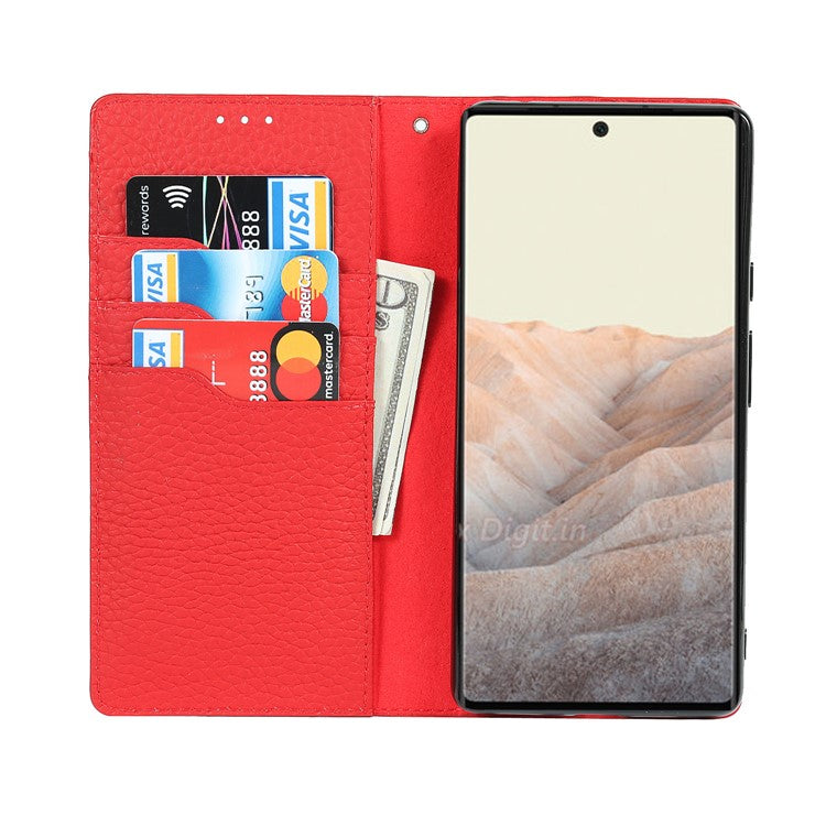 Genuine Leather Litchi Texture Cover Wallet Stand Phone Case with Strap for Google Pixel 6 - Black