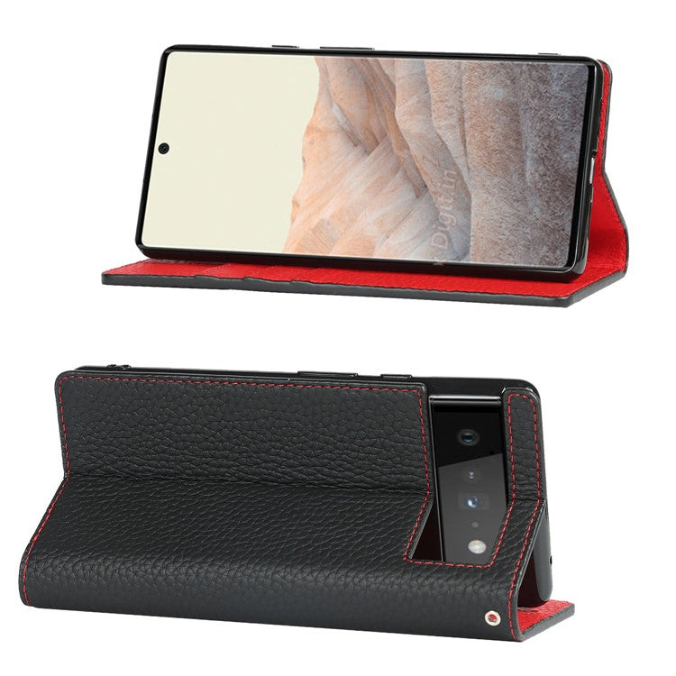 Genuine Leather Litchi Texture Cover Wallet Stand Phone Case with Strap for Google Pixel 6 - Black