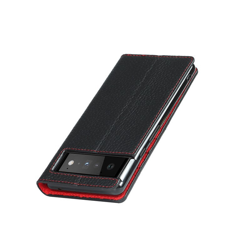 Genuine Leather Litchi Texture Cover Wallet Stand Phone Case with Strap for Google Pixel 6 - Black