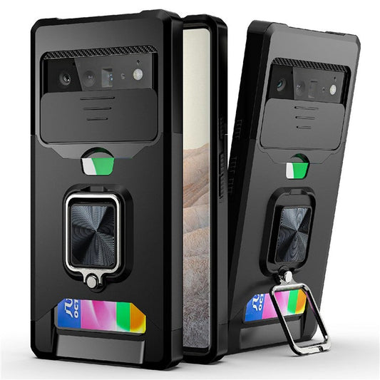 Card Slot Kickstand PC + TPU Hybrid Case Camera Slide Protector Phone Shell for Google Pixel 6 Pro - Black