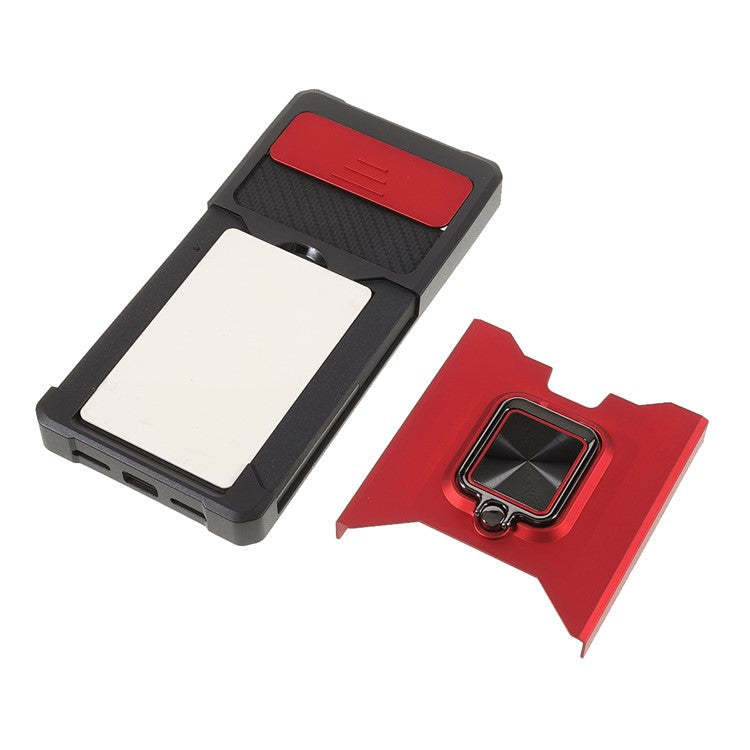 Ring Kickstand Hard PC + TPU 2-in-1 Shockproof Protective Case with Slide Camera Cover and Card Holder for Google Pixel 6 - Red
