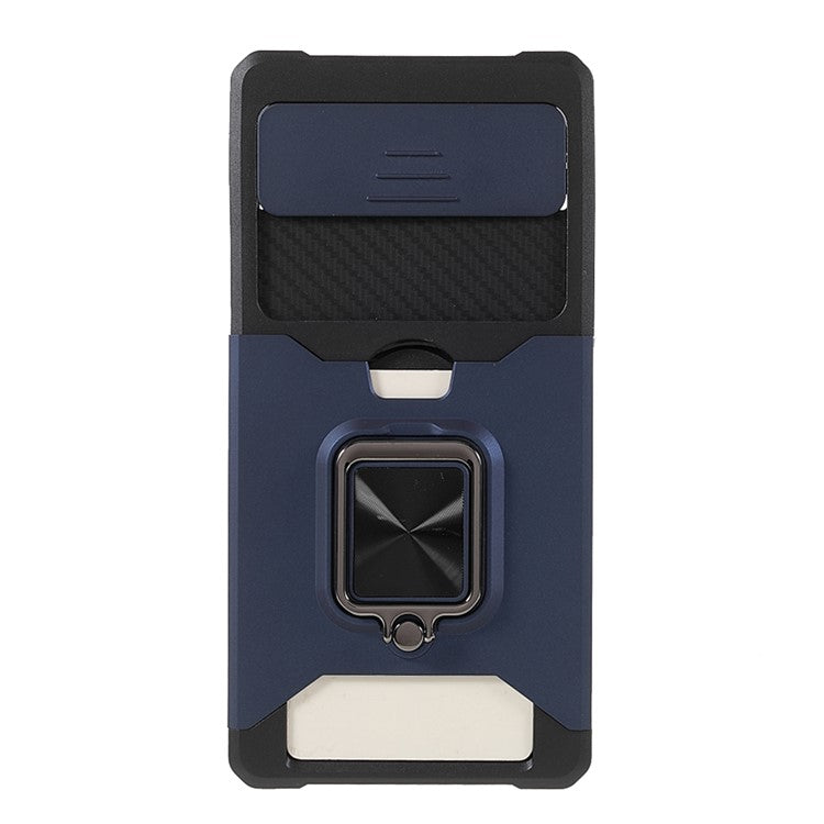 Ring Kickstand Hard PC + TPU 2-in-1 Shockproof Protective Case with Slide Camera Cover and Card Holder for Google Pixel 6 - Navy Blue