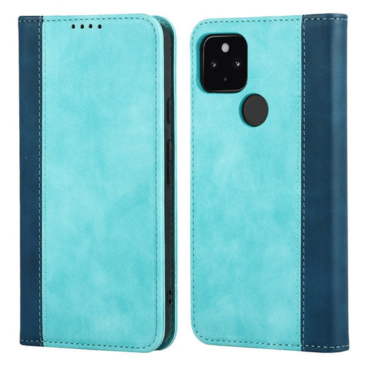Full Protection Auto-absorbed Bi-color Splicing Design Leather Wallet Phone Shell Case for Google Pixel 5a 5G - Light Blue/Dark Blue