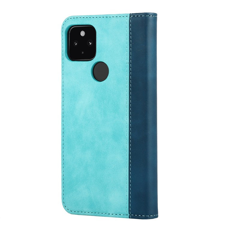 Full Protection Auto-absorbed Bi-color Splicing Design Leather Wallet Phone Shell Case for Google Pixel 5a 5G - Light Blue/Dark Blue
