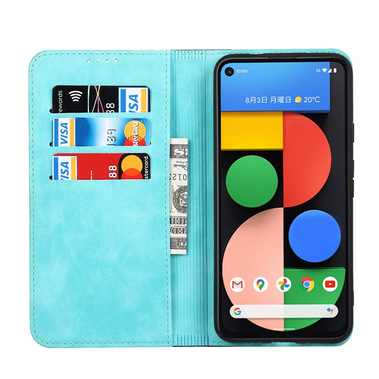 Full Protection Auto-absorbed Bi-color Splicing Design Leather Wallet Phone Shell Case for Google Pixel 5a 5G - Light Blue/Dark Blue