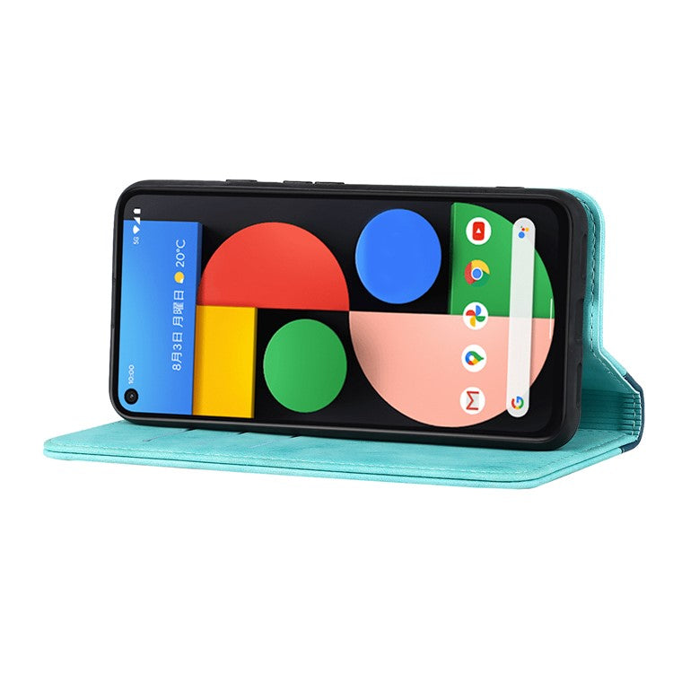 Full Protection Auto-absorbed Bi-color Splicing Design Leather Wallet Phone Shell Case for Google Pixel 5a 5G - Light Blue/Dark Blue
