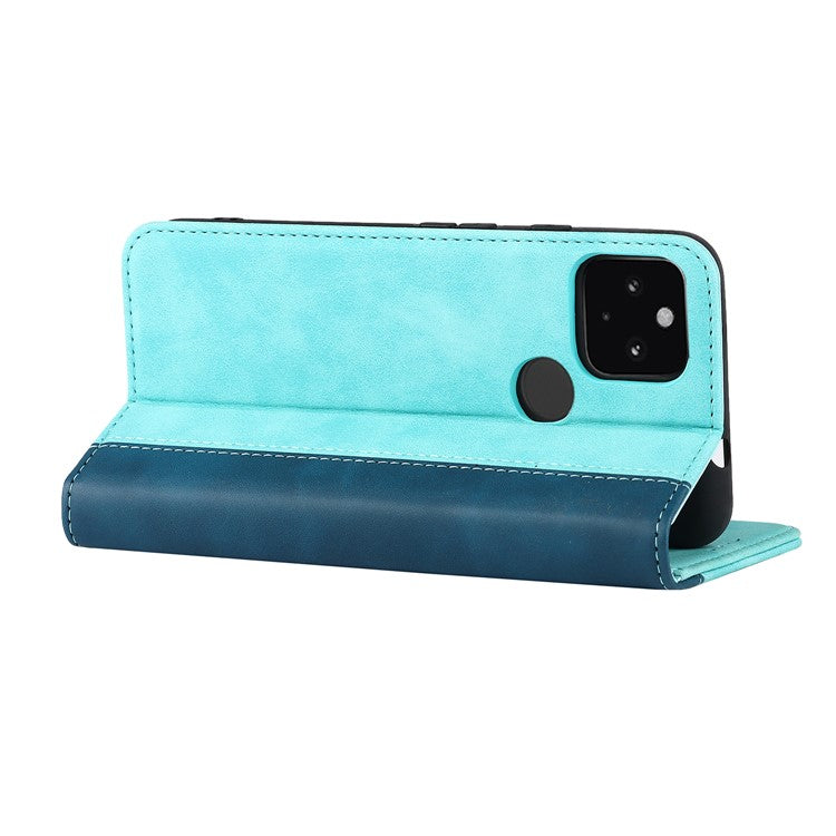 Full Protection Auto-absorbed Bi-color Splicing Design Leather Wallet Phone Shell Case for Google Pixel 5a 5G - Light Blue/Dark Blue