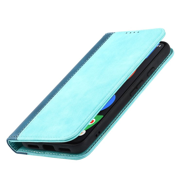 Full Protection Auto-absorbed Bi-color Splicing Design Leather Wallet Phone Shell Case for Google Pixel 5a 5G - Light Blue/Dark Blue