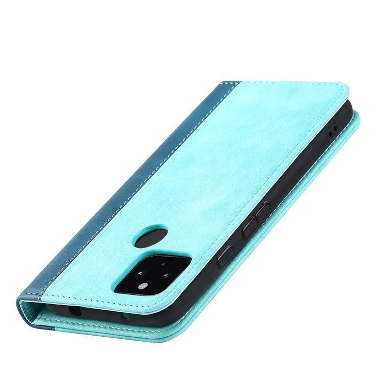 Full Protection Auto-absorbed Bi-color Splicing Design Leather Wallet Phone Shell Case for Google Pixel 5a 5G - Light Blue/Dark Blue