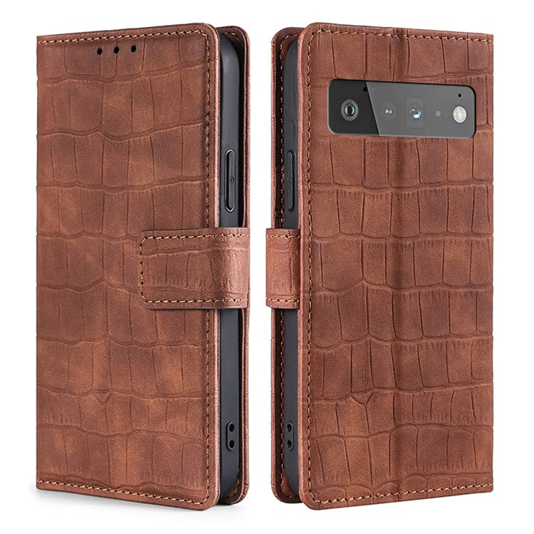 Crocodile Texture Wallet Card Holder Design Supporting Stand Design Leather Case Phone Cover Shell for Google Pixel 6 Pro - Brown