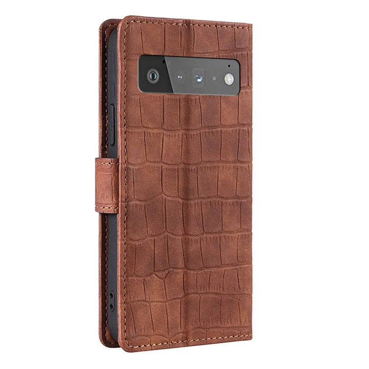 Crocodile Texture Wallet Card Holder Design Supporting Stand Design Leather Case Phone Cover Shell for Google Pixel 6 Pro - Brown