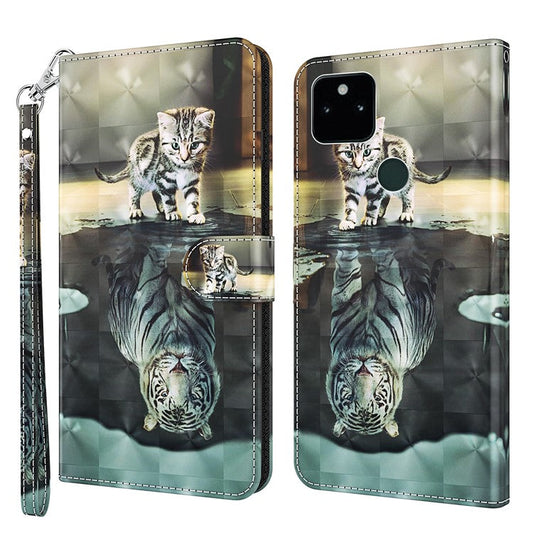 3D Pattern Printing All-round Shockproof Leather Stand Case Wallet Cover with Strap for Google Pixel 5a 5G - Cat and Tiger