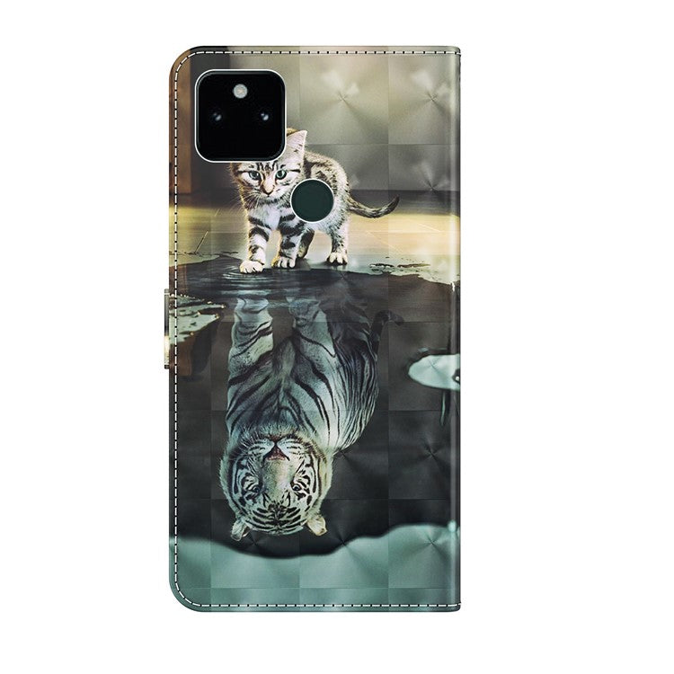 3D Pattern Printing All-round Shockproof Leather Stand Case Wallet Cover with Strap for Google Pixel 5a 5G - Cat and Tiger