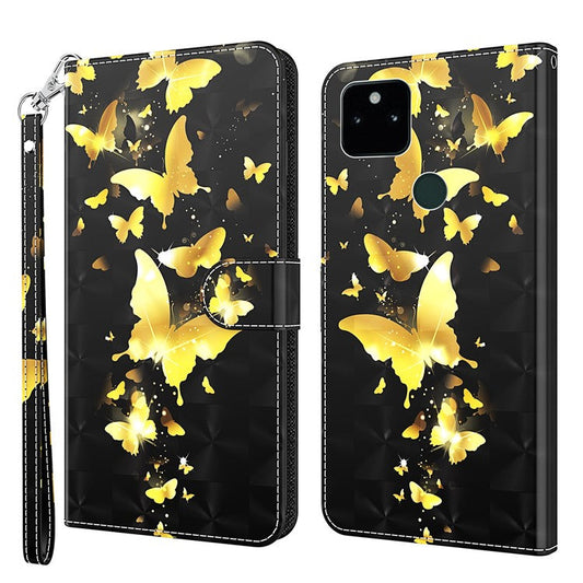 3D Pattern Printing All-round Shockproof Leather Stand Case Wallet Cover with Strap for Google Pixel 5a 5G - Golden Butterflies