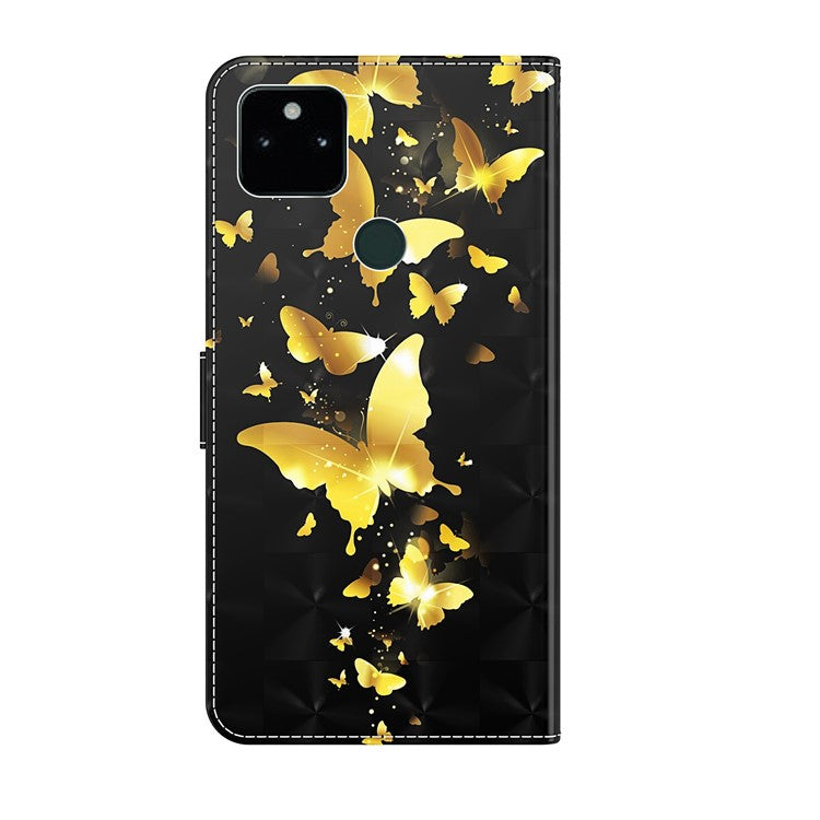 3D Pattern Printing All-round Shockproof Leather Stand Case Wallet Cover with Strap for Google Pixel 5a 5G - Golden Butterflies