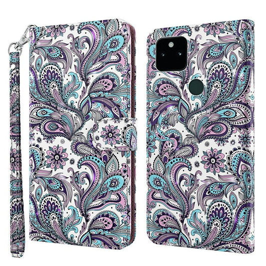 3D Pattern Printing All-round Shockproof Leather Stand Case Wallet Cover with Strap for Google Pixel 5a 5G - Purple Impatiens