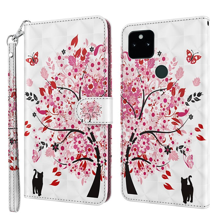 3D Pattern Printing All-round Shockproof Leather Stand Case Wallet Cover with Strap for Google Pixel 5a 5G - Wish Tree
