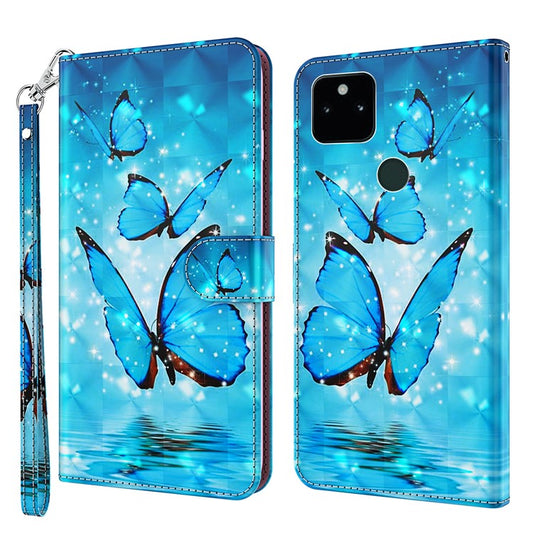 3D Pattern Printing All-round Shockproof Leather Stand Case Wallet Cover with Strap for Google Pixel 5a 5G - Three Butterflies