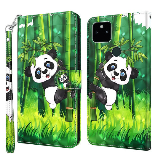 3D Pattern Printing All-round Shockproof Leather Stand Case Wallet Cover with Strap for Google Pixel 5a 5G - Panda Climbing Bamboo