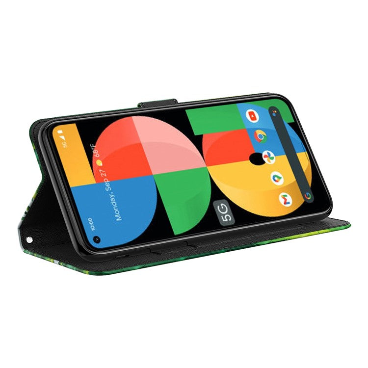 3D Pattern Printing All-round Shockproof Leather Stand Case Wallet Cover with Strap for Google Pixel 5a 5G - Panda Climbing Bamboo