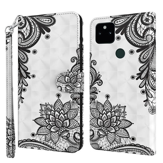 3D Pattern Printing All-round Shockproof Leather Stand Case Wallet Cover with Strap for Google Pixel 5a 5G - Lace Flower