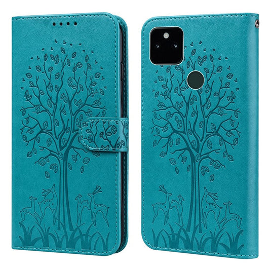 Tree and Deer Imprinted Wallet Stand Design All-round Protection Double-sided Magnetic Clasp Leather Phone Shell Case for Google Pixel 5a 5G - Blue