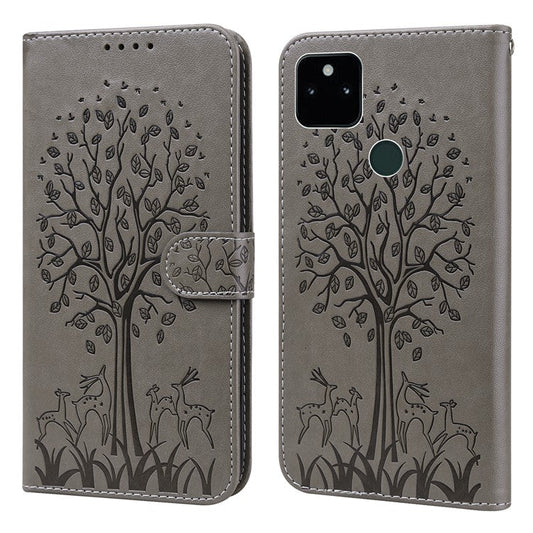 Tree and Deer Imprinted Wallet Stand Design All-round Protection Double-sided Magnetic Clasp Leather Phone Shell Case for Google Pixel 5a 5G - Grey