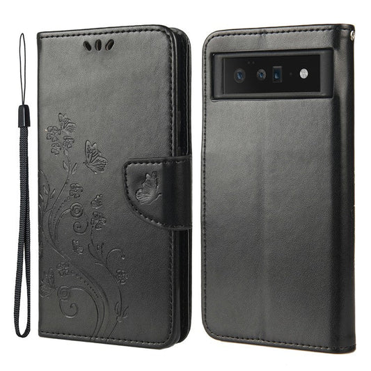 Imprint Butterflies Flower Wallet Stand Design Leather Phone Case Shell for Google Pixel 6 Pro - Black