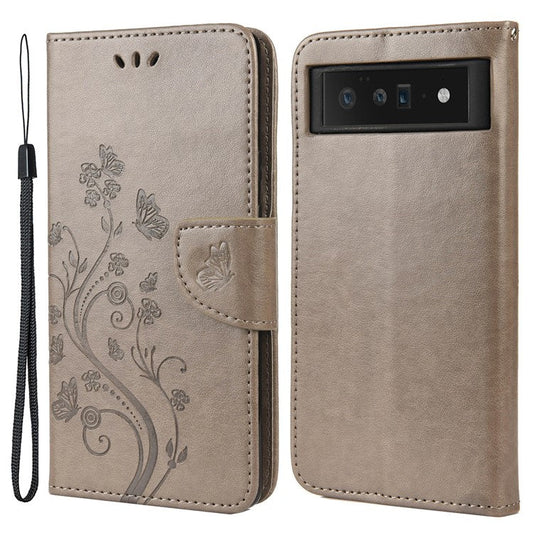 Imprint Butterflies Flower Wallet Stand Design Leather Phone Case Shell for Google Pixel 6 Pro - Grey