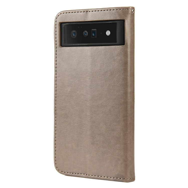 Imprint Butterflies Flower Wallet Stand Design Leather Phone Case Shell for Google Pixel 6 Pro - Grey
