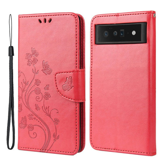 Imprint Butterflies Flower Wallet Stand Design Leather Phone Case Shell for Google Pixel 6 Pro - Red