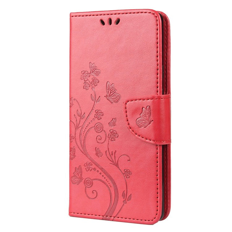 Imprint Butterflies Flower Wallet Stand Design Leather Phone Case Shell for Google Pixel 6 Pro - Red